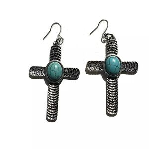 Southwestern Silvertone Faux Turquoise Triba Native Cross Earrings  3"